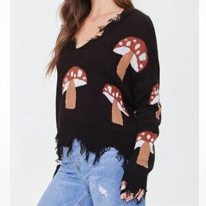Just Polly Distressed Fringe Mushroom Sweater Cropped V Neck Black Rd Pullover L